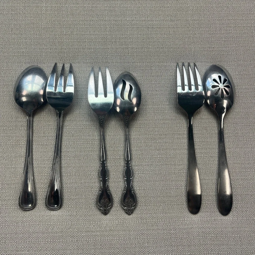 3 Sets of Serving Utensils (Spoons and Forks) Silver Stainless Steel Mixed‎ Lot